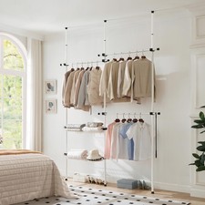 Telescopic Wardrobe Organiser Double White Rail Clothes Rack Baskets Storage