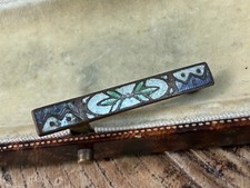 Antique Enamel Bar Brooch Brass Tone Lapel Pin Champlevé Cloisonné Art Nouveau