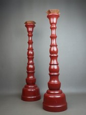 JAPANESE PAIR H63.5cm 25" RED LACQUERED WOOD BUDDHIST LATER SHRINE CANDLE HOLDER