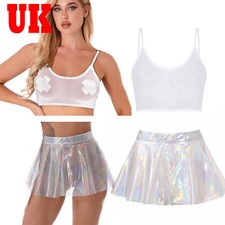 UK Women See Through Shiny Transparent Skirt PVC Pleated Mini Skirts /Crop tops