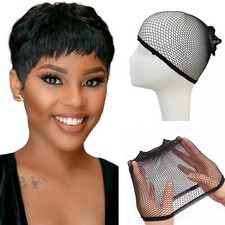 Womens Natural Black Short Hair Pixie Cut Wig African American Full Wigs + Net ~