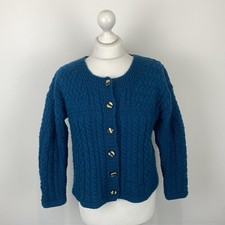 Celtic & Co Merino Wool Cardigan Blue Aran Knit Cable Knit Small Ladies