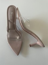 Brand New Women Kitten Heel Pointy Toe Clear Nude Mules- Mide Heel-  UK size 8