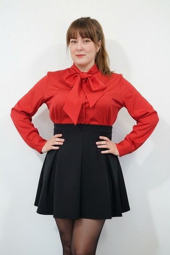 Red button front pussybow tie - red,