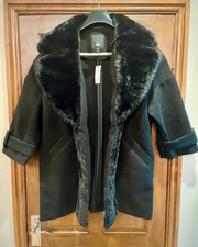 River Island Swing Coat Faux Fur Collar Black Size S Women's UK 8-10 - New