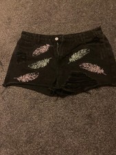 Miss guided black denim shorts uk 12 feather embroidery used vgc