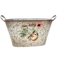Wide Decorative Metal Planter Tub with Sloth & Floral Print Take It Easy Rustic