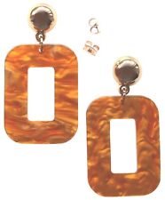 SQUARE Pendant DROP EARRINGS Large Lightweight BROWN Marble GOLD Tone Stud