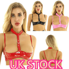 Women Wetlook Patent Leather Halter Neck Open Cups Bra Top Lingerie Bralette
