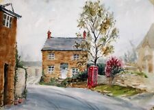 Old red phone box in Lower Heyford Oxfordshire original watercolour painting A3