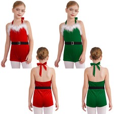Girls Christmas Dance Costume Ballet Shorty Biketard Xmas Santa Claus Dress Up
