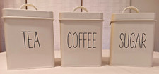 Cream Set Of 3 Storage Tins Tea Coffee Sugar Kitchen Rectangular Black Writing