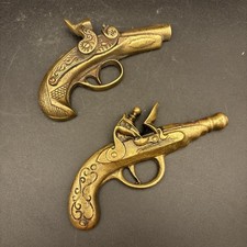 Brass Guns Brace of Wall Hanging Pistols Vintage Decorative 5" Profile Display