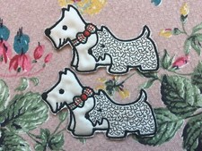 Two sew on vintage silky fabric applique, motif, patch - dogs, terrier, scottie