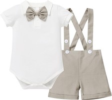 Baby Boys Christening Outfit Tuxedo Gentleman Bowtie Romper + Suspenders Strap 