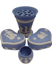 Wedgwood Blue Jasperware Heart Trinket Boxes and Vase Set Decorative