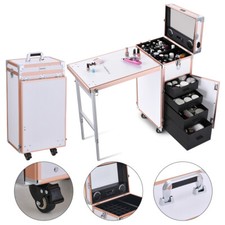 Fold Makeup Trolley Train Case Nail Manicure Table Technician Mirror W/Bluetooth