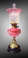 Antique Oil Lamp, Pink Font And Shade, Brass And Black Ceramic Base.