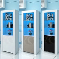 Tall Display Cabinet with High Gloss Doors and LED Light Modern Wooden Sideboard