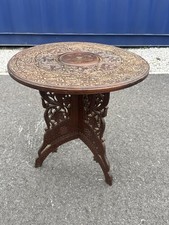 Antique Indian Hand-Carved Wood Inlaid Folding Round Side Table 14-1/2” x 15”