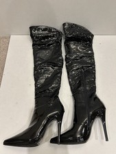 Stunning Sexy Moda In Pelle Black Patent Leather Over Knee Boots UK6 EU39 VGC