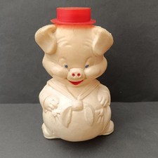 Vintage Piggy Bank Money Box Red Hat Stopper Pig Figure Hard Plastic c1950's