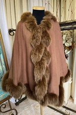 Hazelnut Brown Wool / Cashmere Cape with Genuine Fox Fur Trim Freesize