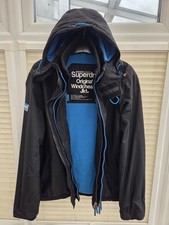 Mens XXL 2XL Superdry Black & Blue Hooded Windcheater  Jacket. Good Used Cond.