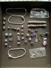 4 X Bracelets And Job Lot Of Slide On Beads Hearts Wolf Jewelled Bead Mixture