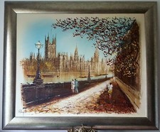 JOHN BAMPFIELD ORIGINAL PAINTING LONDON THAMES RIVER SITY SCENE 