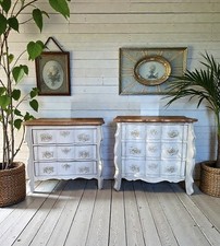 Almost Pair of French Grey Painted Vintage Oak Bedside Chest of Drawers Cabinets