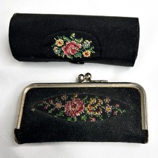 🧵✨ Vintage 1940s–50s German Petit Point Sewing & Manicure Kit Black Floral Case