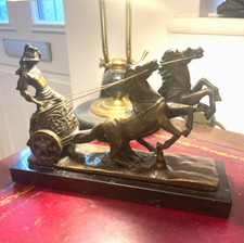Vintage Roman Warrior Gladiator Chariot 2 Horses Sculpture Statue On Base