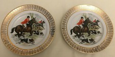 2 x Decorative Hunting Scene Plates. Gold Patterned Edges. No Name. 8". 