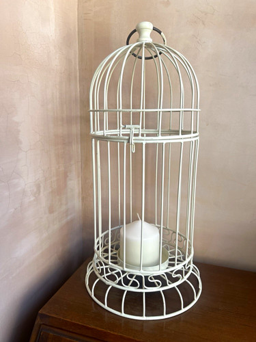 Tall cream metal wire birdcage - metal,