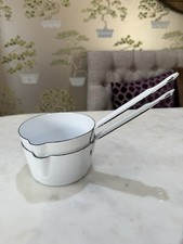 Two Vintage French Enamelled Milk Pans White Farmhouse Country Kitchen