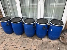 Five x 60L Litre Open Top Plastic Storage Drum Barrel Keg With Air Tight Lids