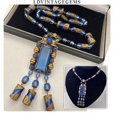 Vintage Jewellery Art Deco Gold Filigree Blue Czech Glass Chandelier Necklace