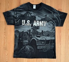 US Army Y2K All Over Print T-Shirt XL Streetwear Hummer Troops Helicopter USA 