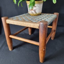 Vintage Wood Woven Foot Stool Plant Stand Small Green Blue 9in Tall