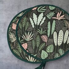 Pair of Aga Mat Hob Lid Covers Kitchen Green Leaves On Grey 100 % Cotton Canvas 