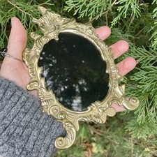 Antique Scrying Mirror Oval Ornate Brass Occult Black Glass Witches Alter Gift