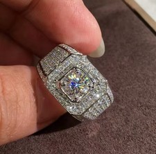 MENS LARGE SILVER SHINY DIAMOND GEMSTONE BLING ICE OUT HIP HOP RING