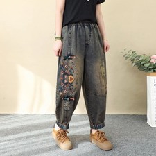 Lady Denim Cropped Pants Vintage Ethnic Floral Embroidery Harem Trousers Fashion