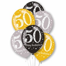50th Birthday Party Balloons Black Silver Gold Decorations Age 50 Balloons x 6