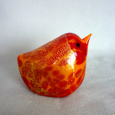 Murano Ferro Lorenzo Glass Bird. Yellow Red & Gold Leaf. Original Label. 6cm VGC
