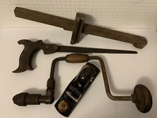 Selection of Vintage Woodworking Carpentry Tools Saw Plane Drill Mortice Gauge