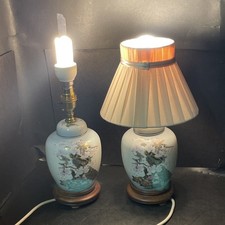 Pair of Vintage Chinese Hand Painted Ginger Jar Shaped Ceramic Lamps Wooden Base