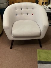 TUB CHAIR OFF WHITE  with COLOURED BUTTONS, DARK WOOD LEGS 