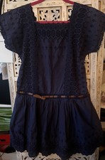 Topshop Kate Moss Royal Blue Dress Embroidery Anglais Drop Waist Belt Pockets 10